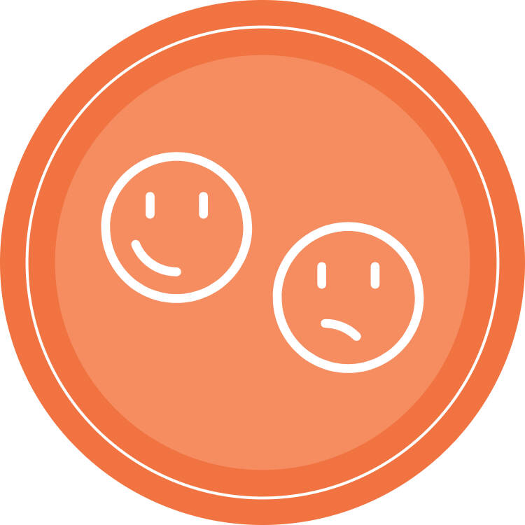 Emotional wellness round icon, with an orange background and two facial expressions in the center, one happy and one sad